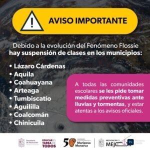 Por Tormenta Tropical Flossie se suspenderán clases en 8 municipios
